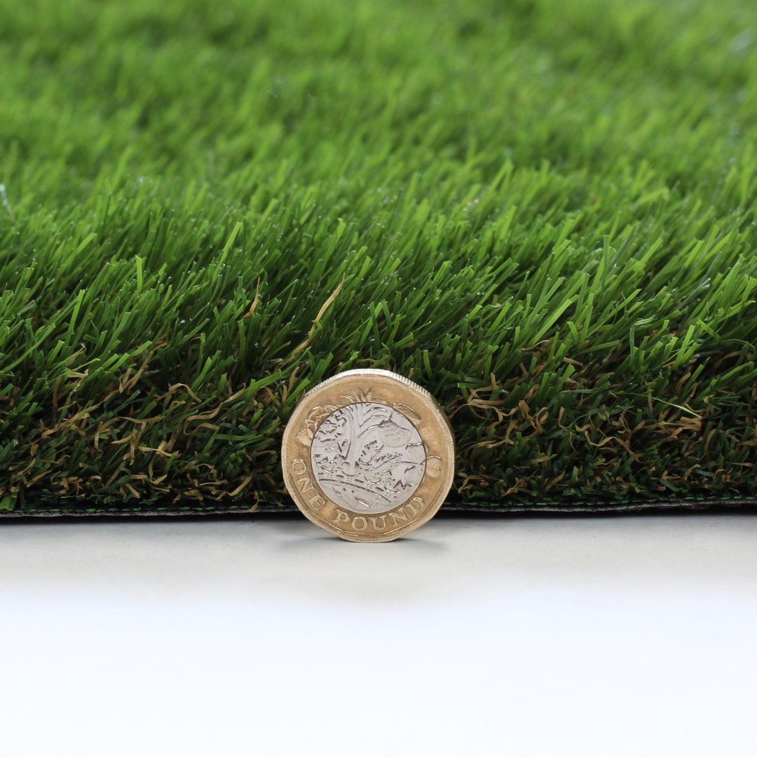 Cartmel 38mm Luxury Artificial Grass pile height vs 1 coin - Grass Cash and Carry